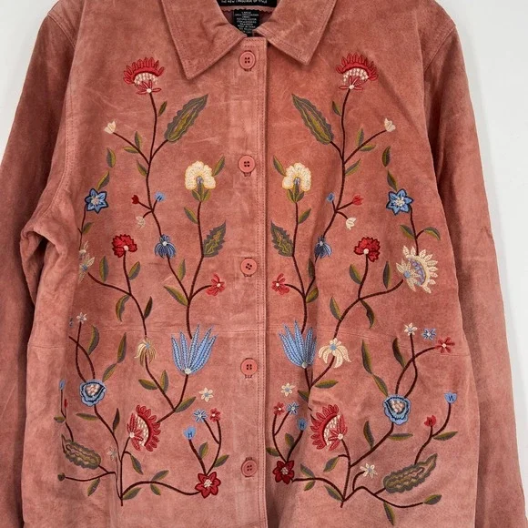 Jessica Holbrook Leather Jacket Womens L Floral Embroidered Boho Western Pink - Picture 3 of 5